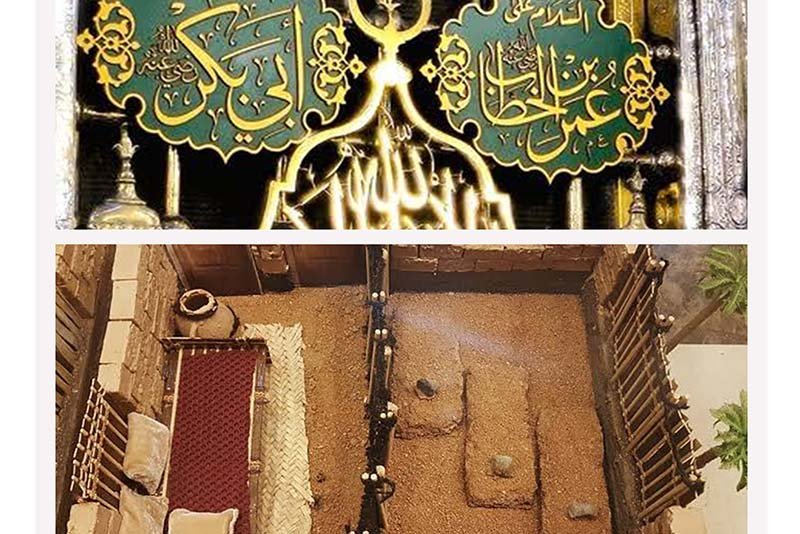 Diagram or visual guide of the Muwājahah Sharīfah in Masjid al-Nabawī, showing the resting places of the Prophet ﷺ, Abū Bakr, and ʿUmar for giving salāms.