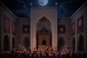 A gathering of people in a traditional courtyard under a full moon, illustrating a session of Samaa with text outlining Imam Ghazali's three restrictions.