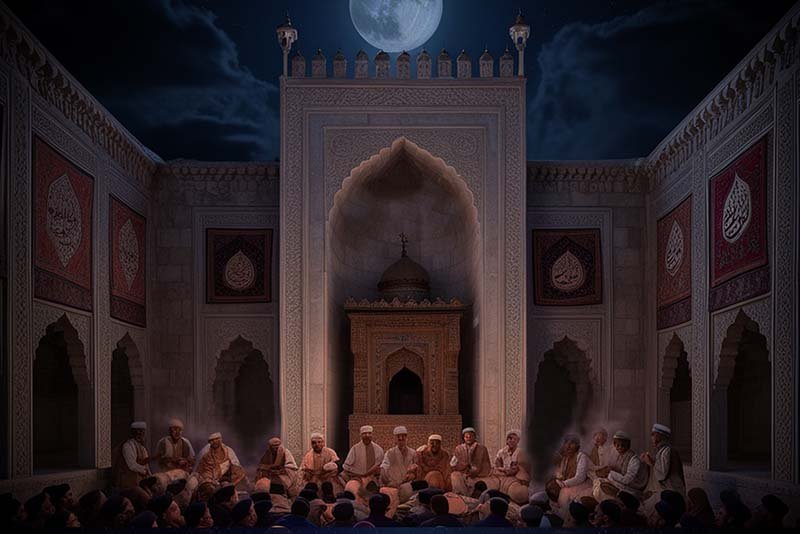 A gathering of people in a traditional courtyard under a full moon, illustrating a session of Samaa with text outlining Imam Ghazali's three restrictions.