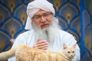 Illustration of Imam al-Dardir surrounded by cats at Al-Azhar Mosque. A scholar cutting the sleeve of his robe to avoid disturbing a sleeping cat. A tent in the jungle symbolizing Imam al-Rifa’i’s care for a sick dog.